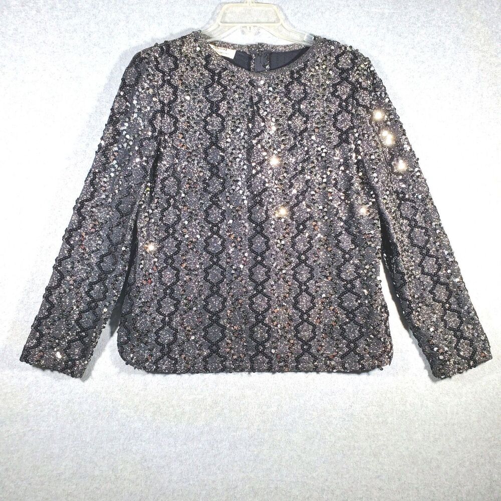 VTG 70s Montgomery Ward Disco Black Silver Sequin Blouse Womens Long Sleeve